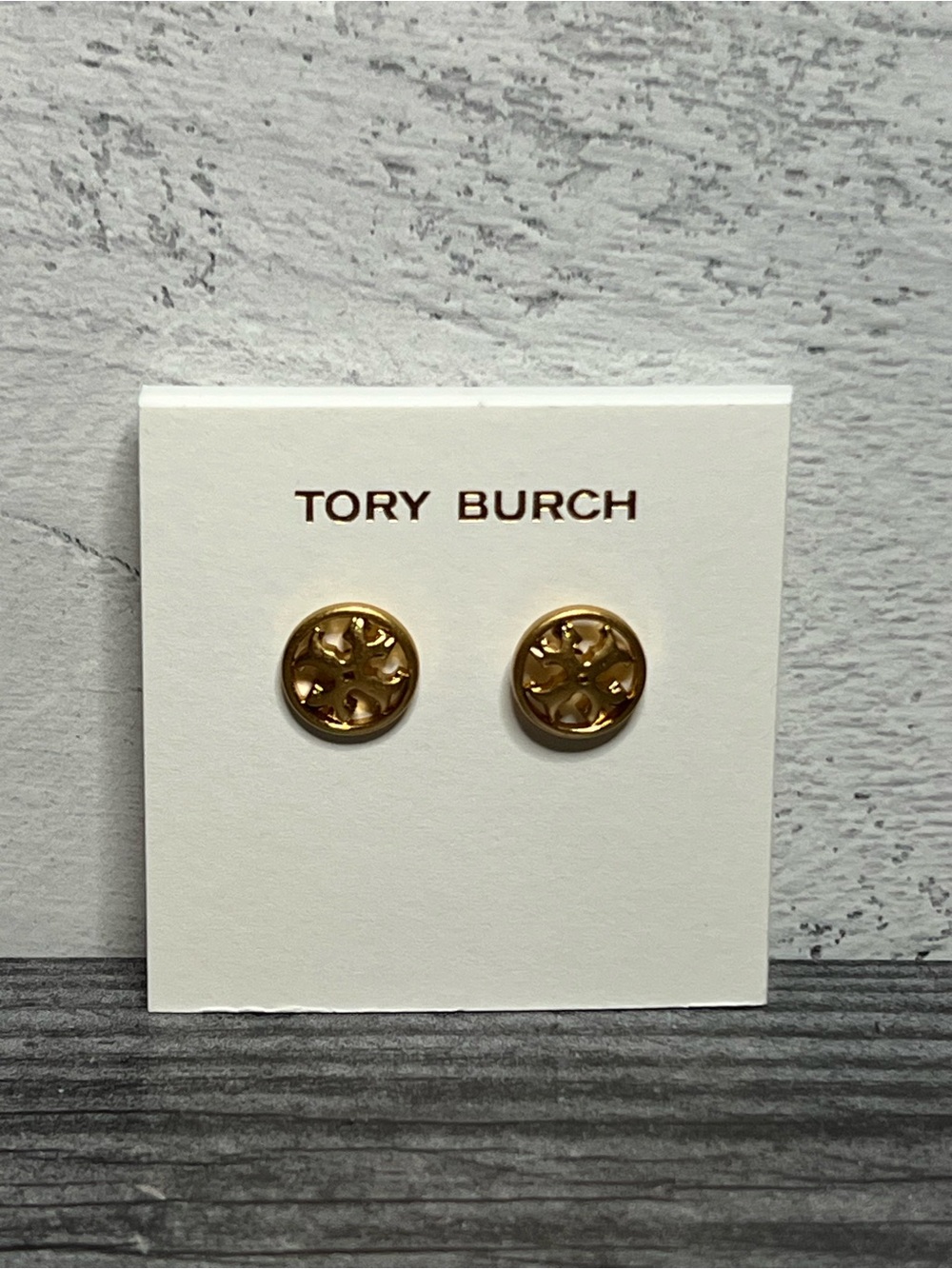 Tory Burch Gold Round Logo Cutout Stud Earrings - Picture 2 of 3